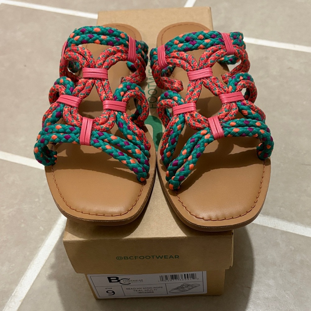 Anthropologie BC Footwear Braided Pink and Teal Slide Sandals